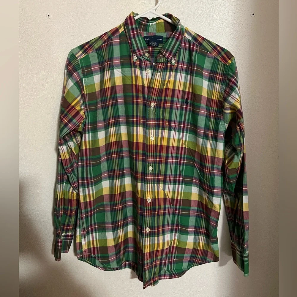 RALPH LAUREN Classic Plaid Preppy Casual Button Down Green Pink Yellow Boy's Lg